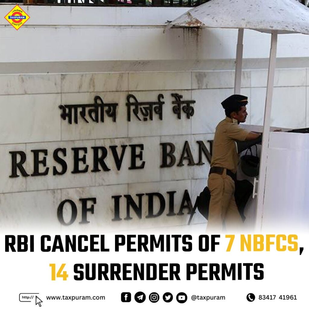 RBI cancel permits of 7 NBFCS, and 14 surrender permits-Taxpuram